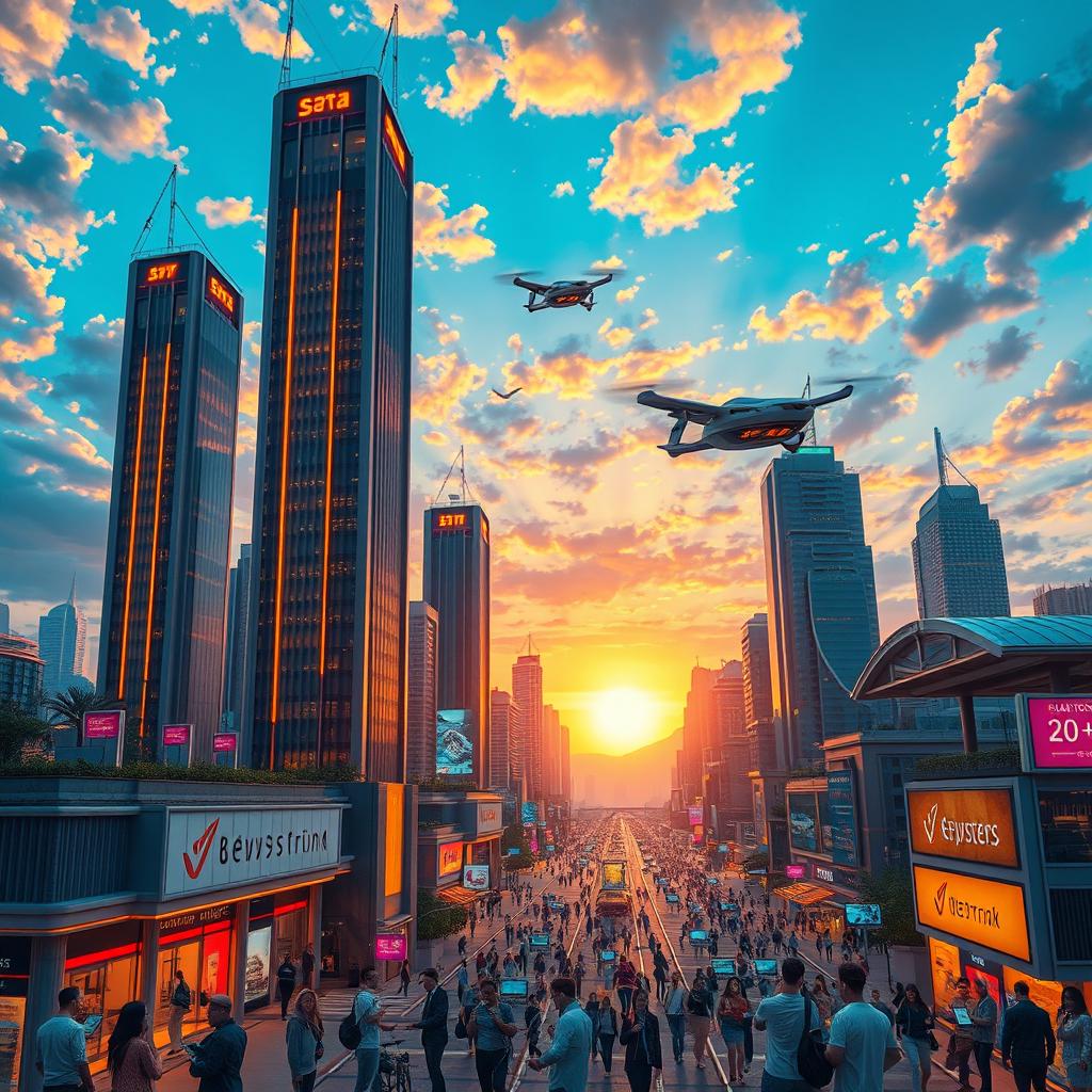 A vibrant futuristic cityscape at dusk, showcasing towering skyscrapers with glowing neon lights, flying cars zooming through the sky, and bustling streets filled with people engaging in technology