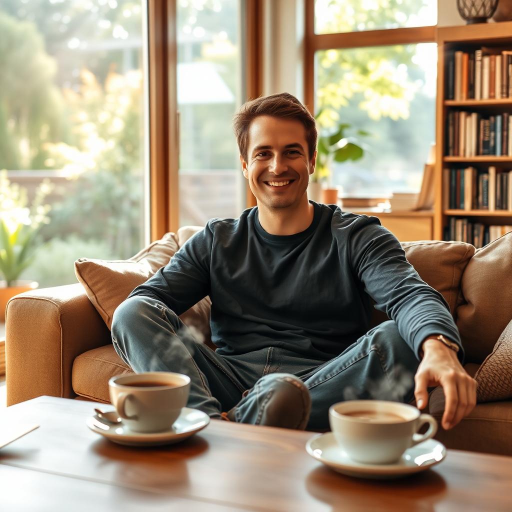 A relaxed man sitting comfortably in a cozy living room, wearing casual clothes