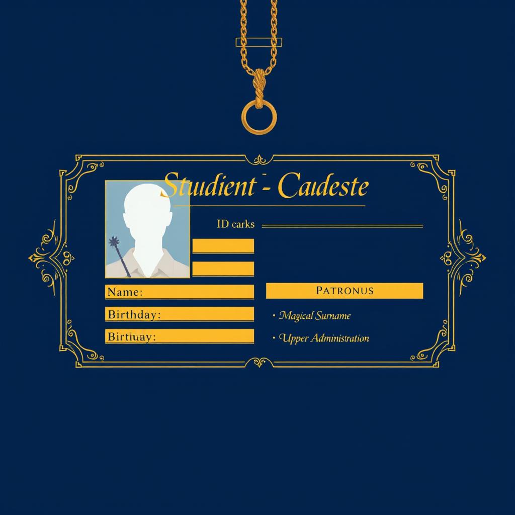 Design a stylish student ID card for Beauxbatons Academy, featuring elegant blue and gold tones