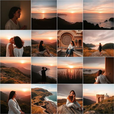 A visually appealing Instagram layout grid featuring various aesthetic photos from a day in life, without retouching or enhancements