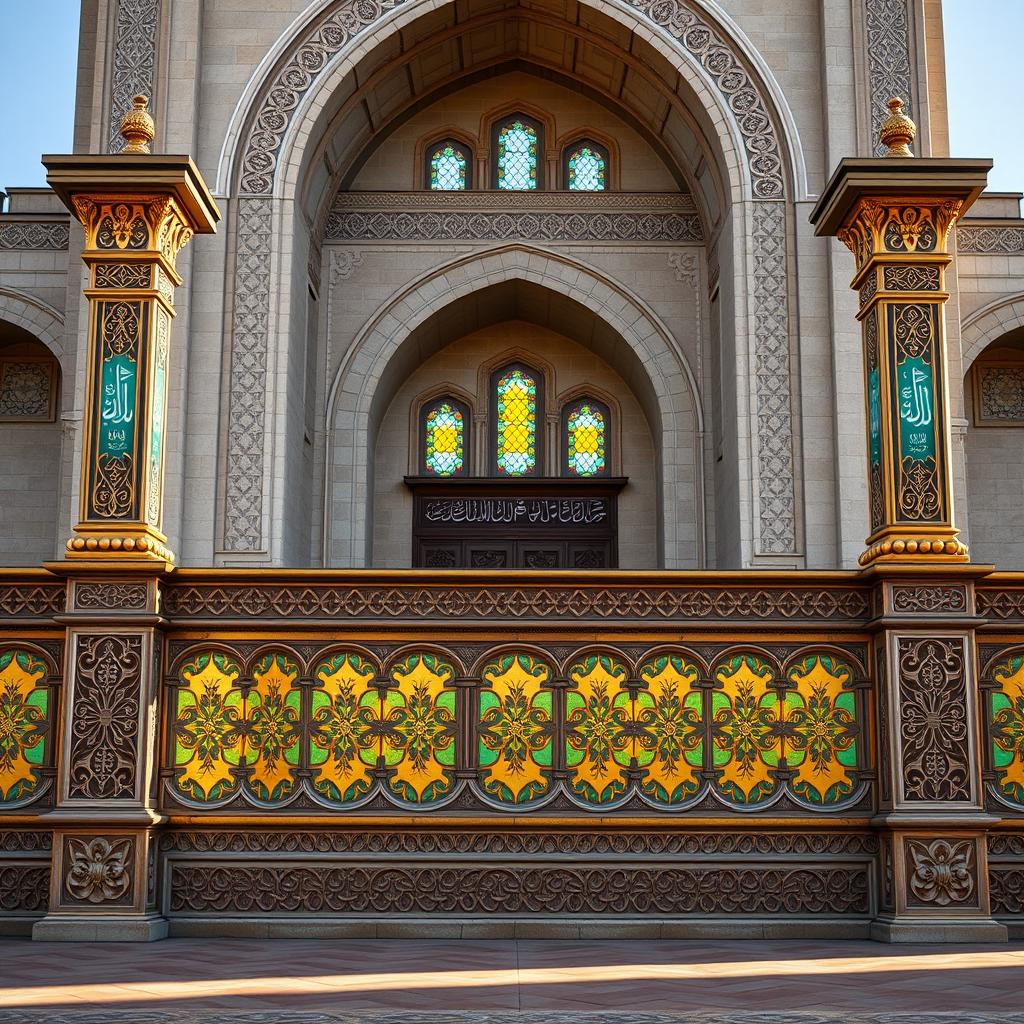 A highly detailed architectural elevation view of a Persian Islamic Safavid-style railing made of carved stone, stained glass, and steel, positioned in front of a tall iwan of a traditional mosque