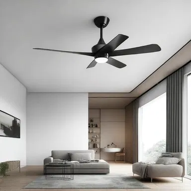 The modern minimalist apartment featured a sleek, state-of-the-art anti-torque rotor inspired ceiling fan.