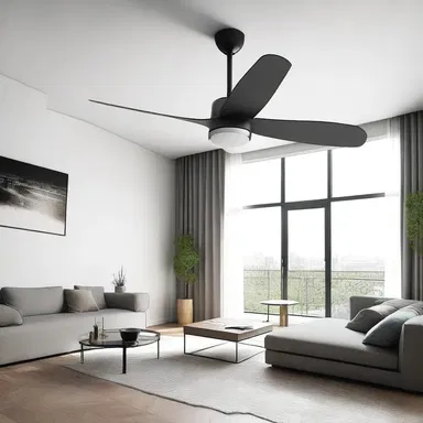 The modern minimalist apartment featured a sleek, state-of-the-art anti-torque rotor inspired ceiling fan.
