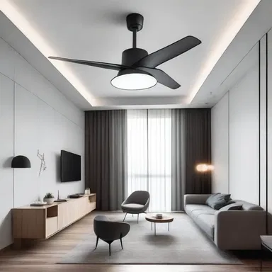 The modern minimalist apartment featured a sleek, state-of-the-art anti-torque rotor inspired ceiling fan.