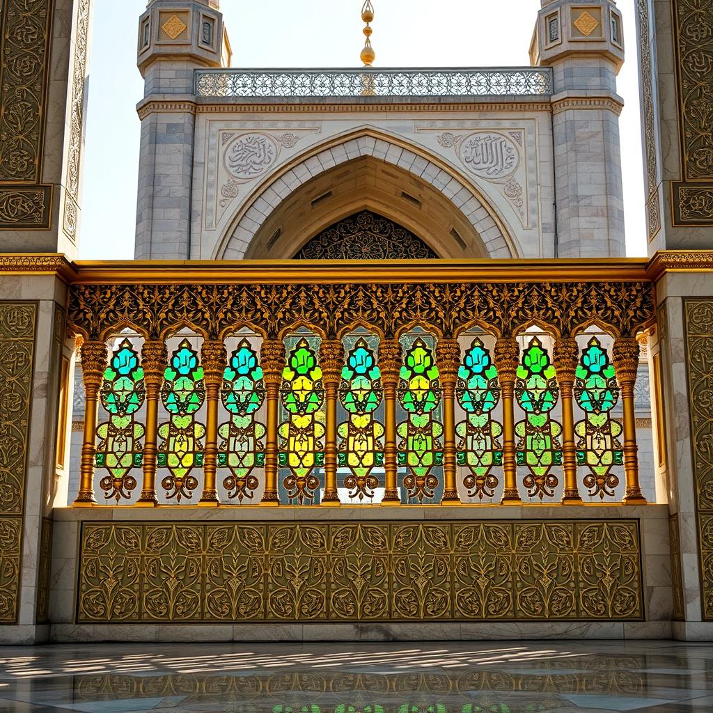 A tall iwan of a traditional mosque in the background, featuring a Persian Islamic Safavid-style railing made of intricately carved stone and stained glass, combined with steel elements