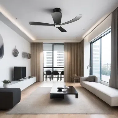 The modern minimalist apartment featured a sleek, state-of-the-art anti-torque rotor inspired ceiling fan.