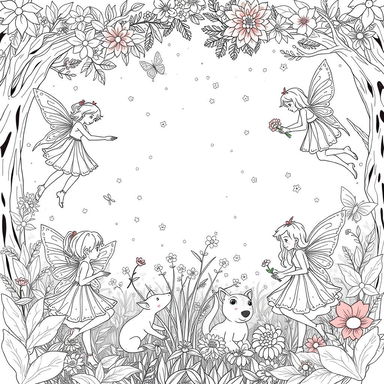 A whimsical coloring book illustration featuring enchanting fairies in a magical forest setting