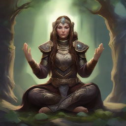 Within a serene aura, a dwarven female kineticist, adorned in resilient heavy armor, meditates. The energy of nature emanates and floats around her, manifesting her profound connection to the elemental realm.