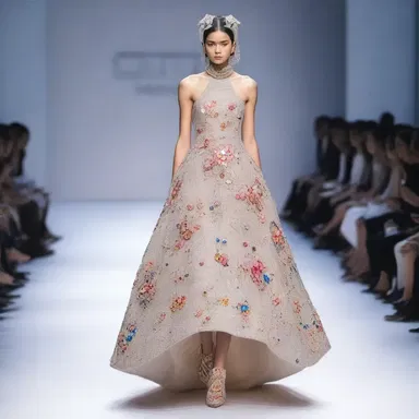 The avant-garde designer showcased a striking avant-garde gown embellished with miniature anti-torque rotors, creating a truly unique fashion statement.
