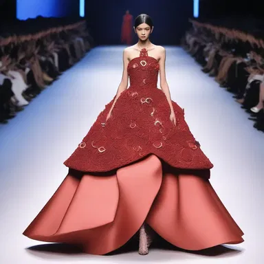 The avant-garde designer showcased a striking avant-garde gown embellished with miniature anti-torque rotors, creating a truly unique fashion statement.