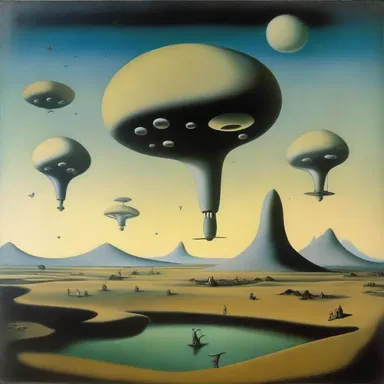 The surrealist painting depicted a dreamlike landscape where floating anti-torque rotors powered the ethereal creatures.