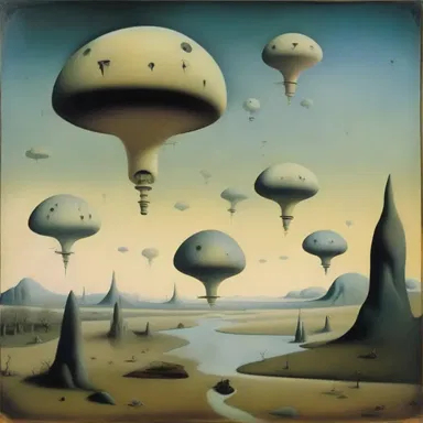 The surrealist painting depicted a dreamlike landscape where floating anti-torque rotors powered the ethereal creatures.