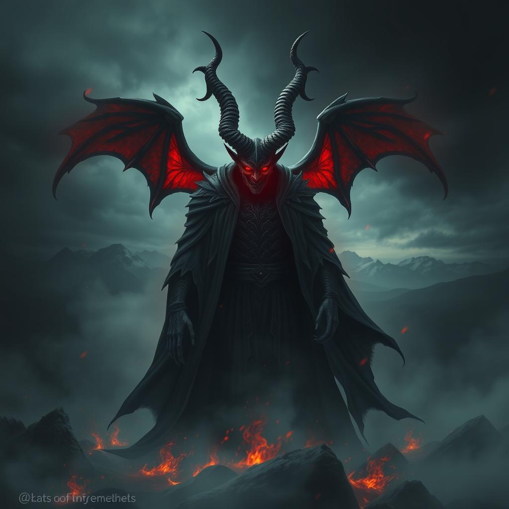 A striking artistic representation of the devil, featuring a majestic figure adorned with intricate horns and glowing red eyes