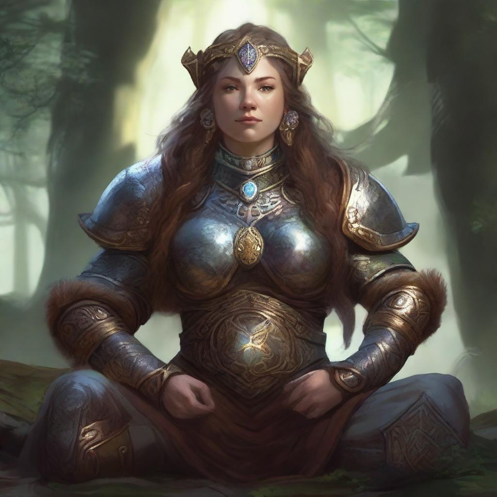 Within a serene aura, a dwarven female kineticist, adorned in resilient heavy armor, meditates. The energy of nature emanates and floats around her, manifesting her profound connection to the elemental realm.