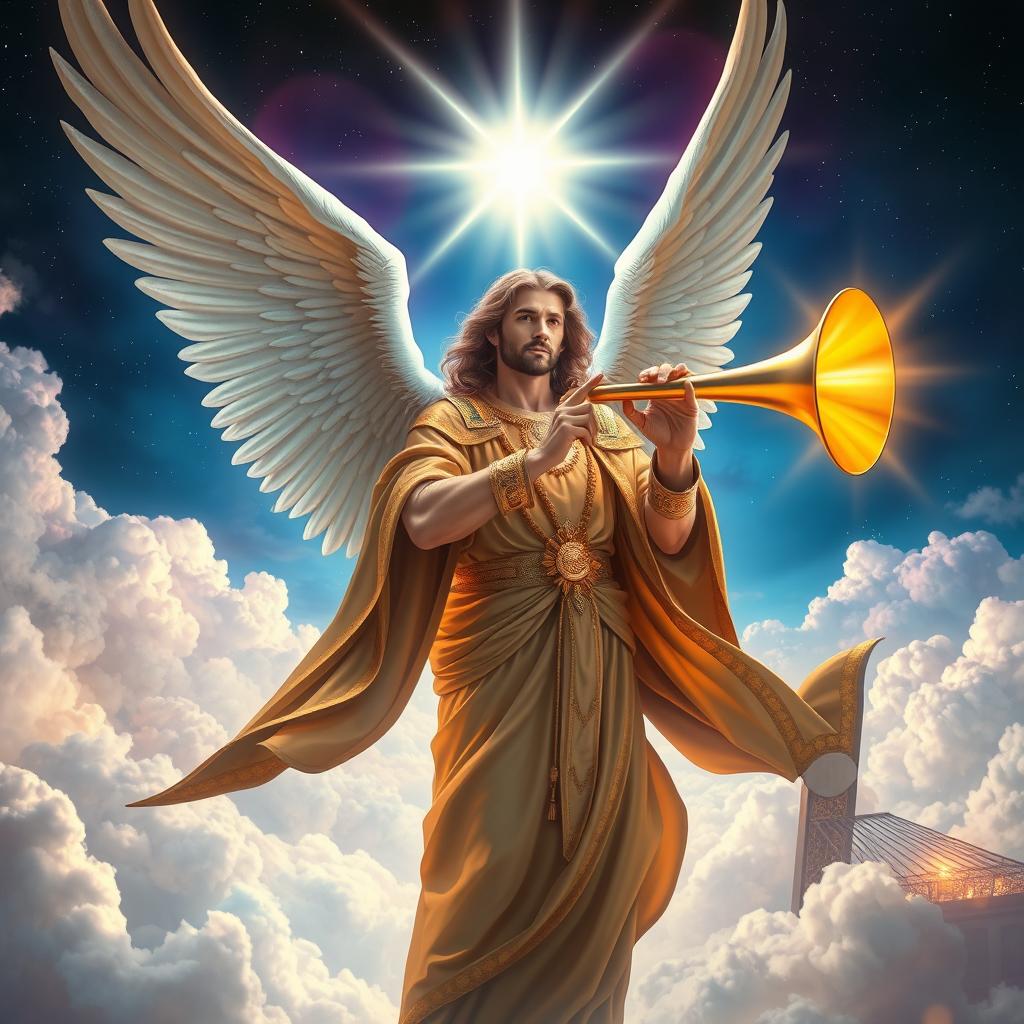 A dramatic and powerful depiction of Israfil, the angel of the trumpet, in a celestial setting