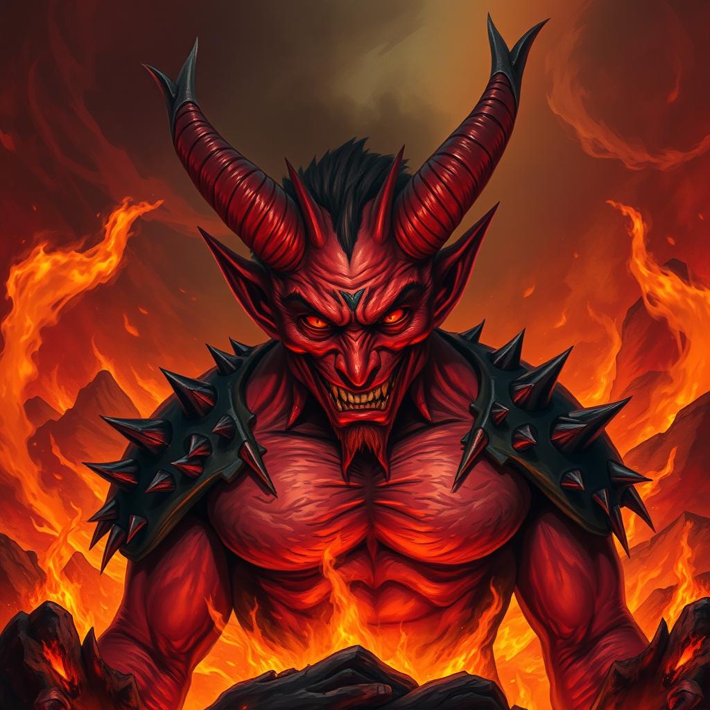 A menacing devil depicted in a fiery hellscape, surrounded by flames and glowing embers