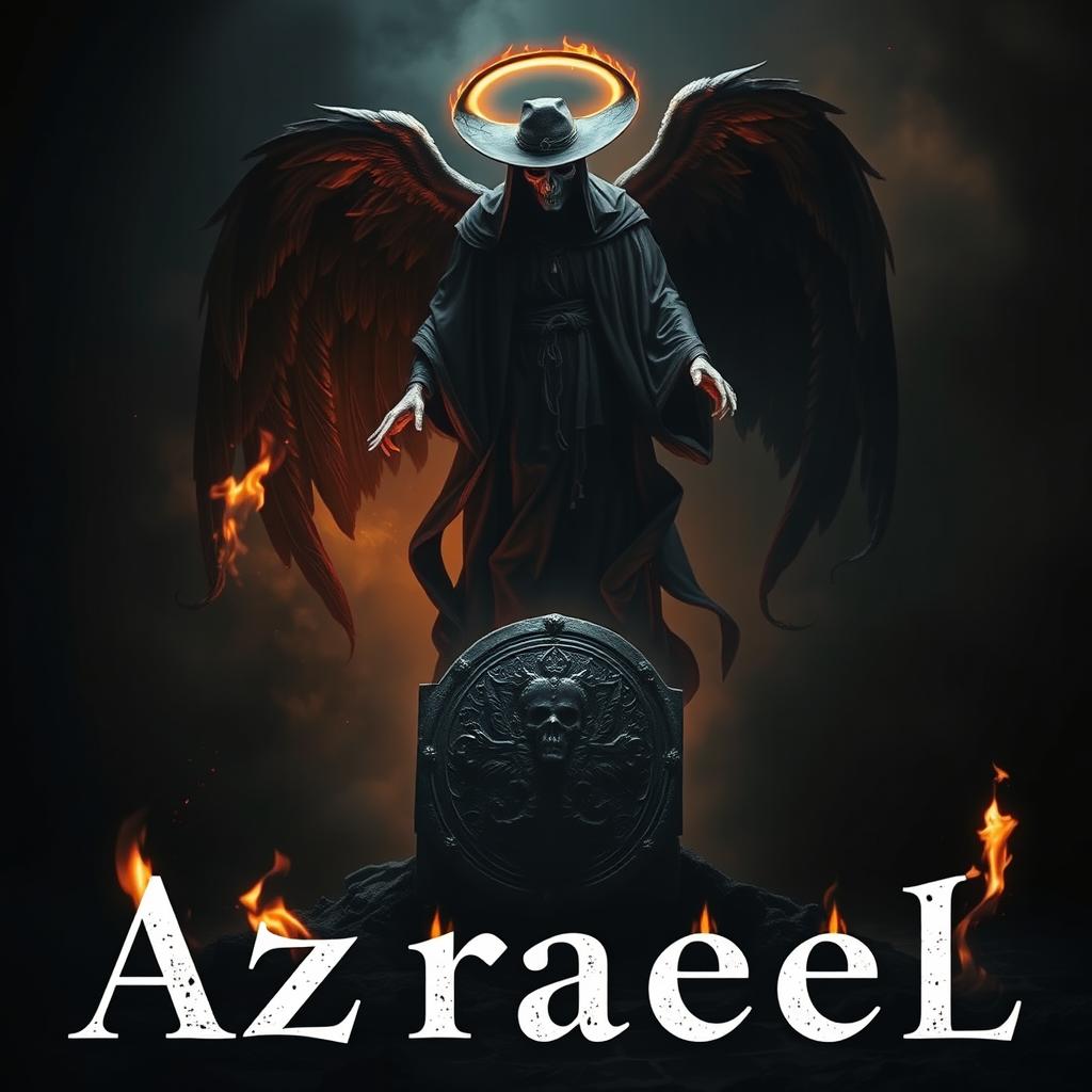 Azrael, the angel of death, depicted hovering above a grave in a dark, shadowy environment