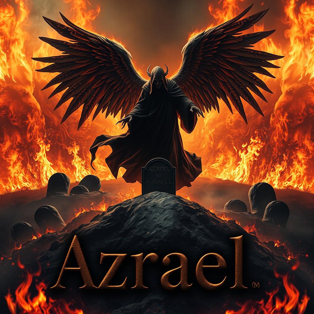 Azrael, the angel of death, soaring majestically above a shadowy grave