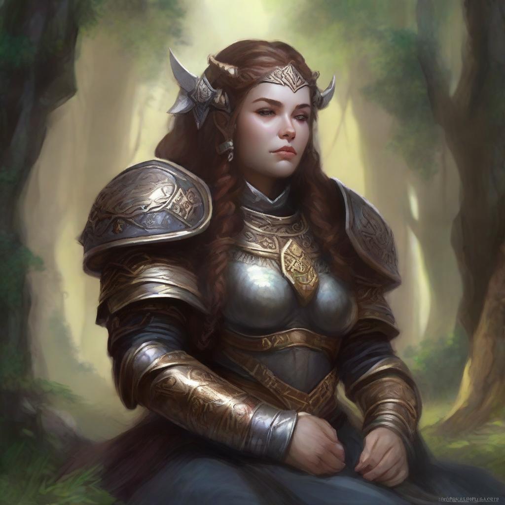 Within a serene aura, a dwarven female kineticist, adorned in resilient heavy armor, meditates. The energy of nature emanates and floats around her, manifesting her profound connection to the elemental realm.