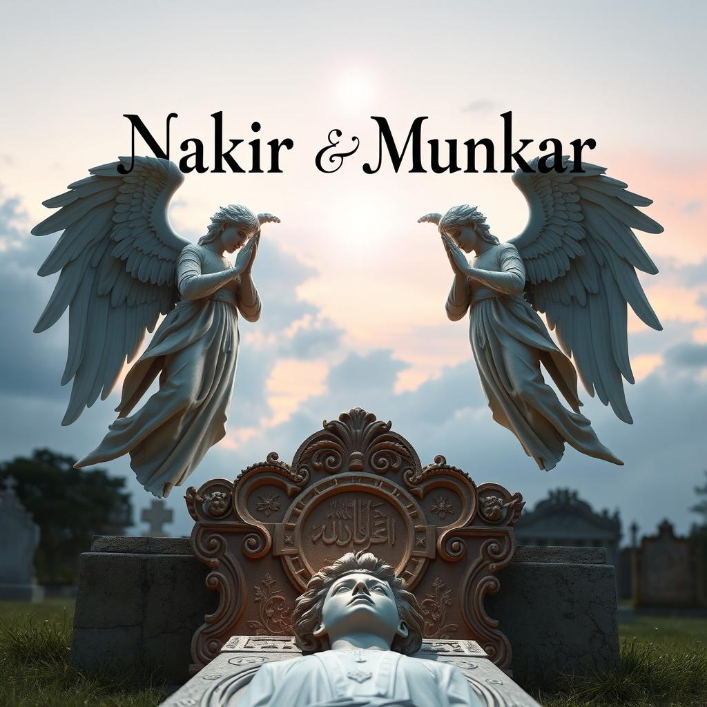 Two majestic angels, Nakir and Munkar, with ethereal wings, standing imposingly over an ornate grave