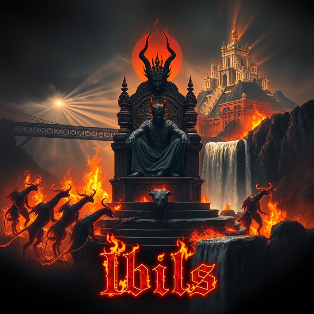 Iblis, depicted with a formidable and dark presence, sitting majestically on an ornate throne surrounded by roaring flames and flickering firelight