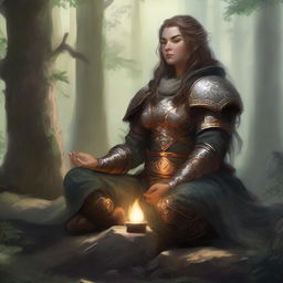 Within a serene aura, a dwarven female kineticist, adorned in resilient heavy armor, meditates. The energy of nature emanates and floats around her, manifesting her profound connection to the elemental realm.