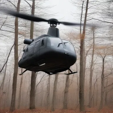 In the eerie haunted house, a spectral helicopter with a hauntingly silent anti-torque rotor hovered ominously above the treetops.