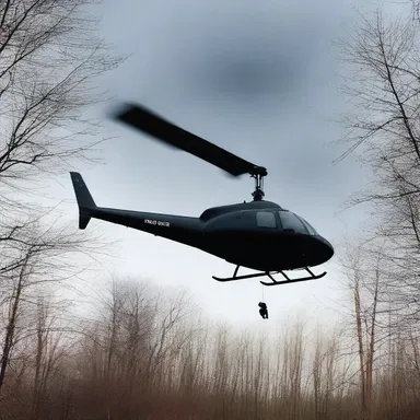 In the eerie haunted house, a spectral helicopter with a hauntingly silent anti-torque rotor hovered ominously above the treetops.