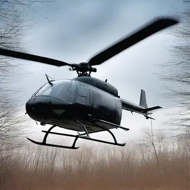In the eerie haunted house, a spectral helicopter with a hauntingly silent anti-torque rotor hovered ominously above the treetops.