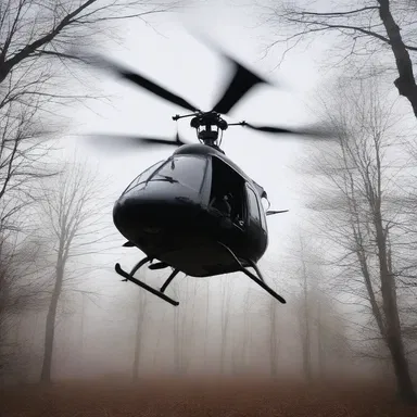 In the eerie haunted house, a spectral helicopter with a hauntingly silent anti-torque rotor hovered ominously above the treetops.
