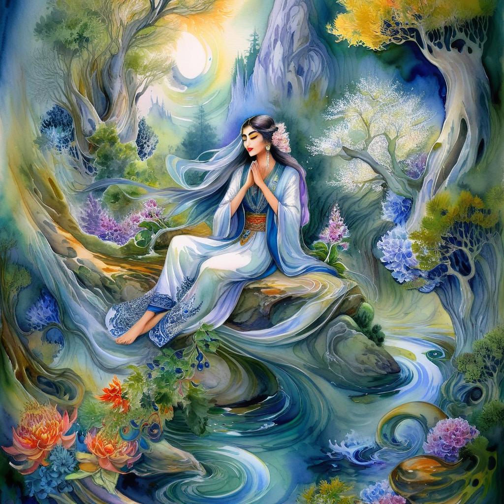 Mystical and spiritual watercolor painting of a beautiful Iranian woman sitting on a rock on a beautiful and peaceful pond in a dense forest with cypress trees, plane trees, grapevines, winding bonsai trees, and a whirlwind of colorful flowers and beautiful.