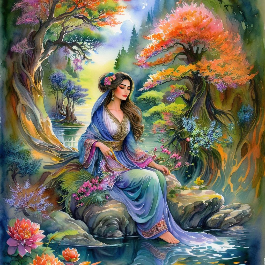 Mystical and spiritual watercolor painting of a beautiful Iranian woman sitting on a rock on a beautiful and peaceful pond in a dense forest with cypress trees, plane trees, grapevines, winding bonsai trees, and a whirlwind of colorful flowers and beautiful.