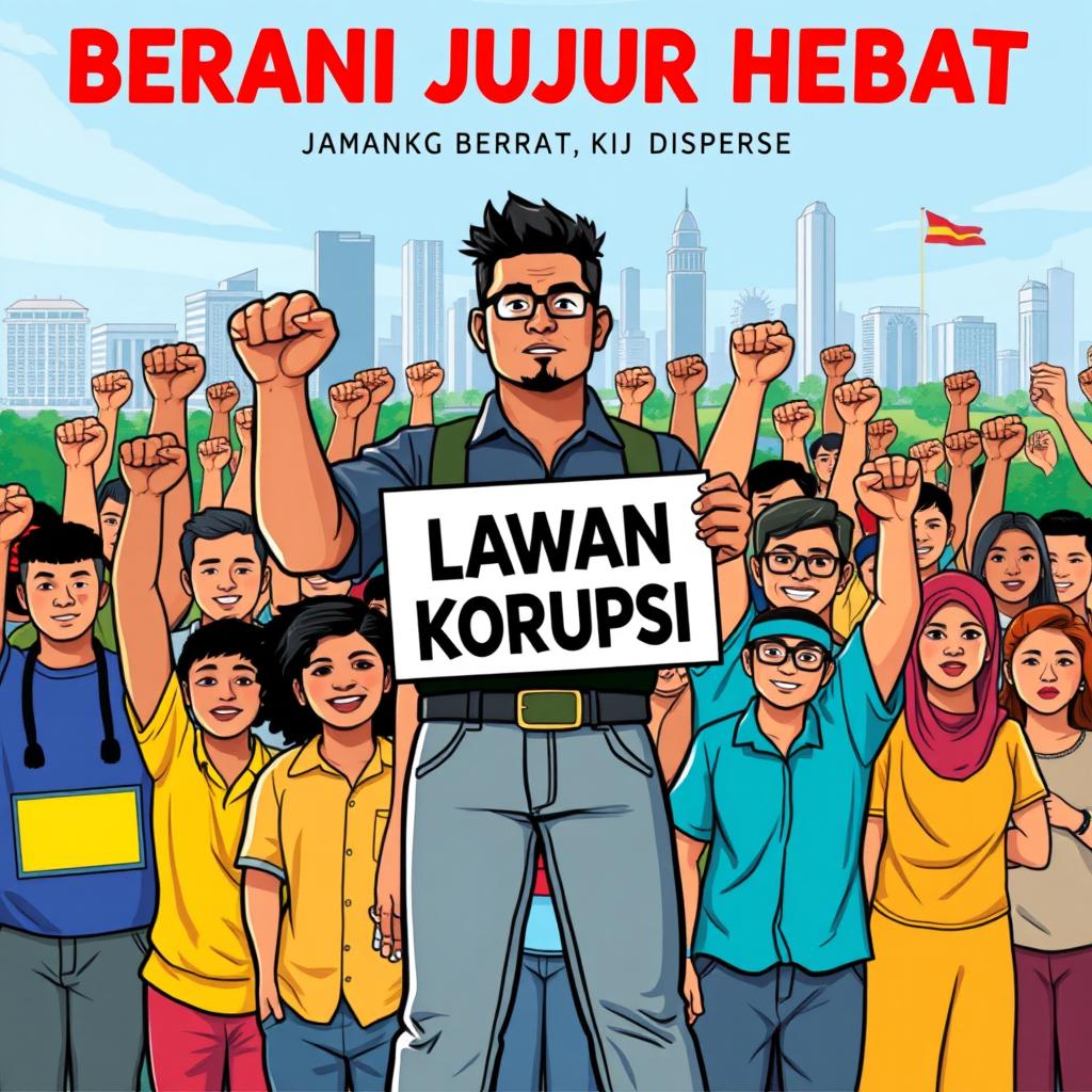 A vibrant and powerful illustration representing the theme 'Berani Jujur Hebat: Saatnya Lawan Korupsi'