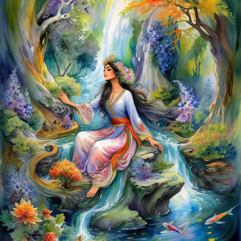 Mystical and spiritual watercolor painting of a beautiful Iranian woman sitting on a rock on a beautiful and peaceful pond in a dense forest with cypress trees, plane trees, grapevines, winding bonsai trees, and a whirlwind of colorful flowers and beautiful.