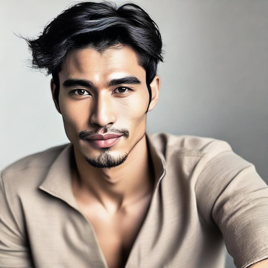 A handsome man with mixed Arab, Indonesian, and Japanese features.