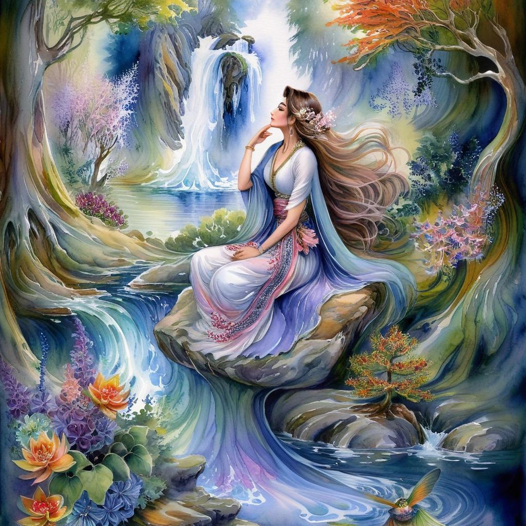 Mystical and spiritual watercolor painting of a beautiful Iranian woman sitting on a rock on a beautiful and peaceful pond in a dense forest with cypress trees, plane trees, grapevines, winding bonsai trees, and a whirlwind of colorful flowers and beautiful.