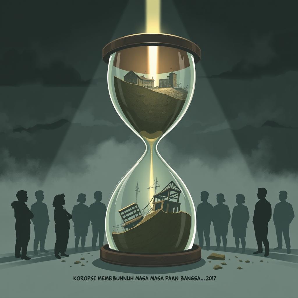 A thought-provoking illustration depicting the theme 'Korupsi Membunuh Masa Depan Bangsa'
