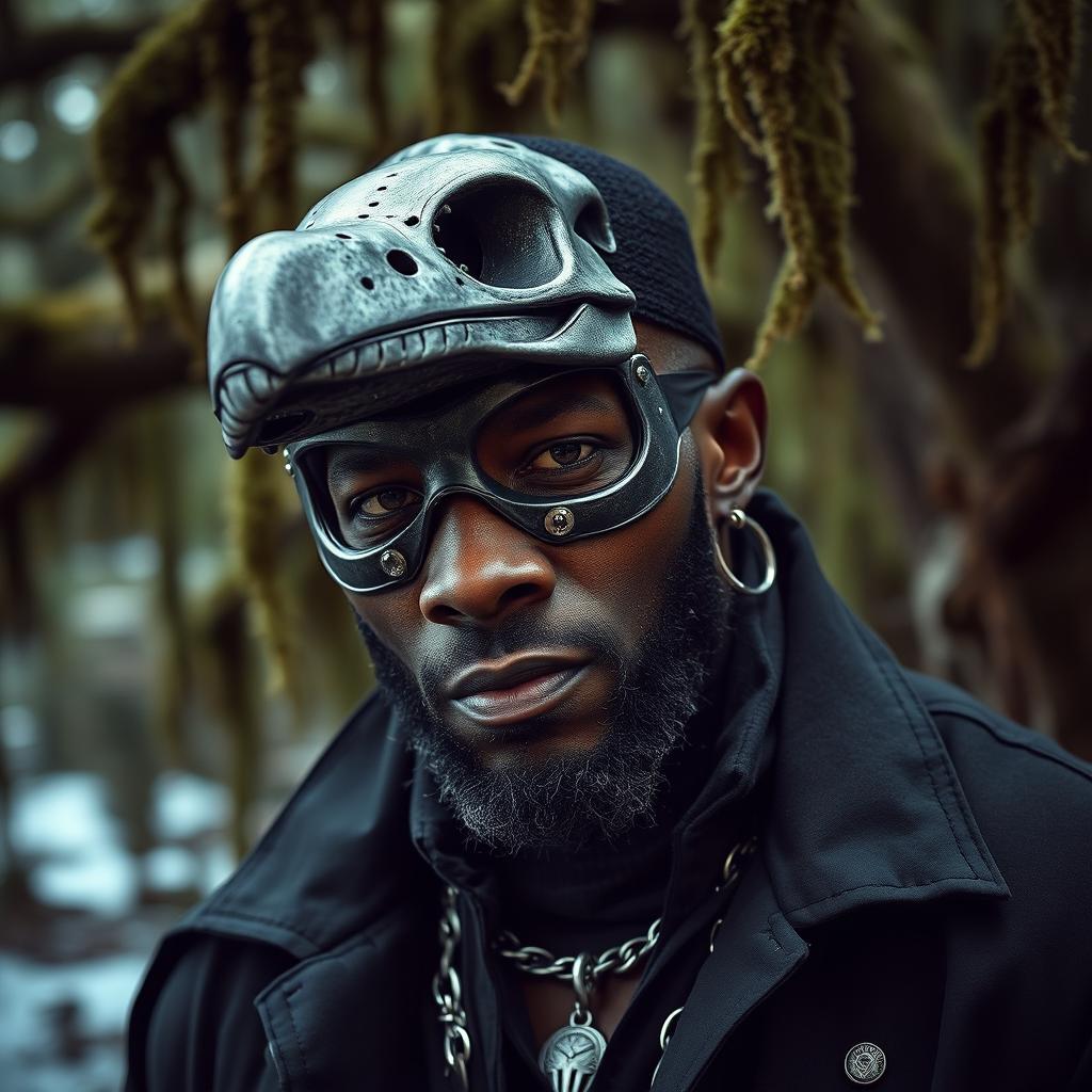A black Cajun man expressing his unique style as a goth, wearing a striking mask shaped like a bird skull