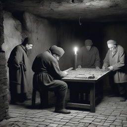 A sombre scene in the basement of an old castle where prisoners are quietly assembling a jigsaw puzzle under flickering candlelight, vigilantly watched by guards.