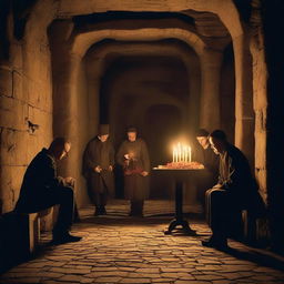 A sombre scene in the basement of an old castle where prisoners are quietly assembling a jigsaw puzzle under flickering candlelight, vigilantly watched by guards.