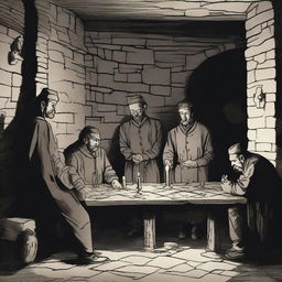 A sombre scene in the basement of an old castle where prisoners are quietly assembling a jigsaw puzzle under flickering candlelight, vigilantly watched by guards.