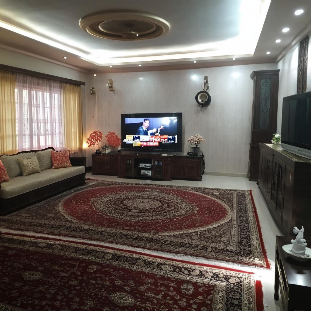 The house should be modernized in the best possible way, the walls should be stone, the floor should be ceramic, the corners of the wall should have yellow LED strips, and the TV should be 55 inches.