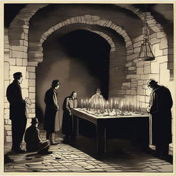 A sombre scene in the basement of an old castle where prisoners are quietly assembling a jigsaw puzzle under flickering candlelight, vigilantly watched by guards.