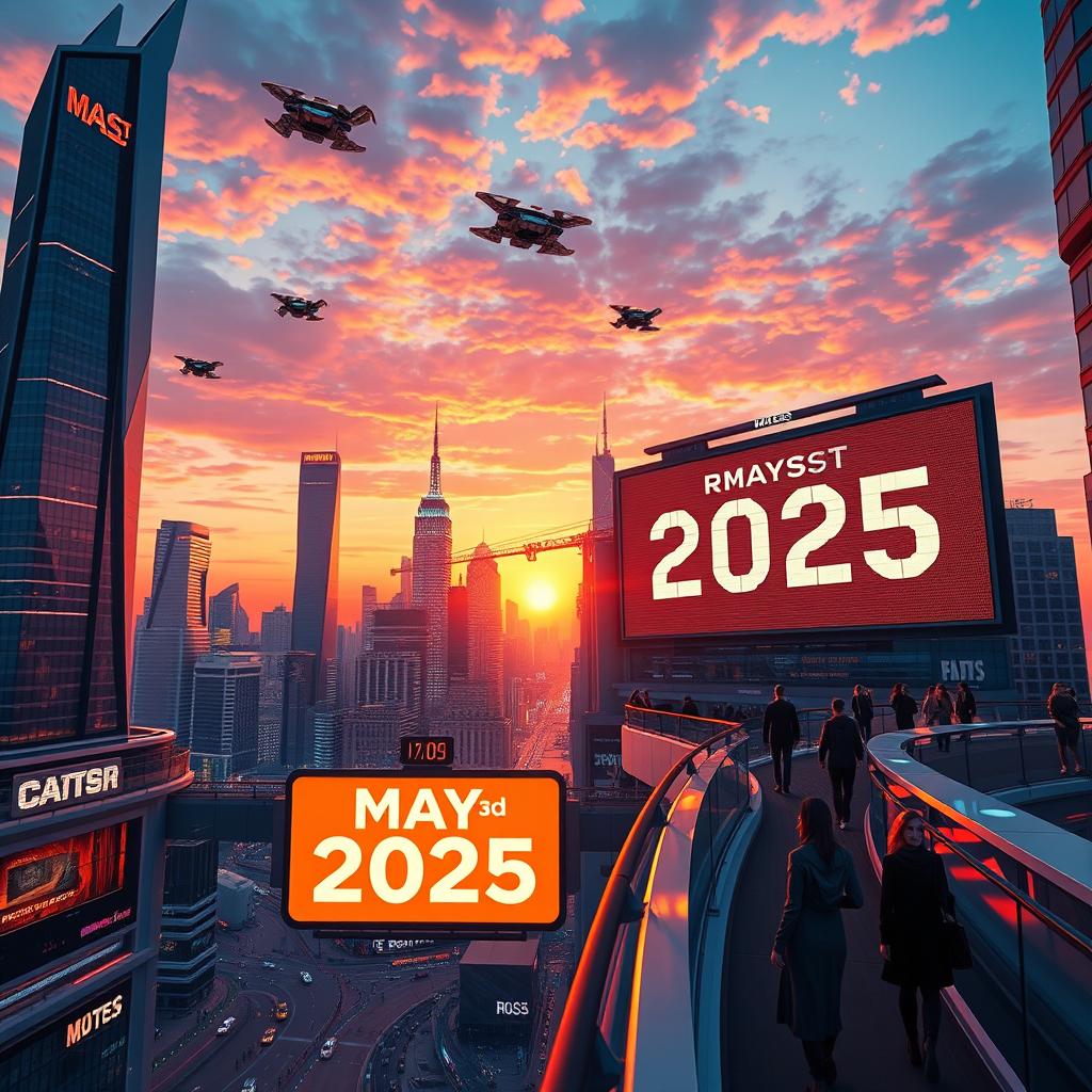 A futuristic cityscape at sunset, featuring sleek skyscrapers with neon lights, flying cars zipping through the sky, and people in fashionable attire walking on elevated walkways