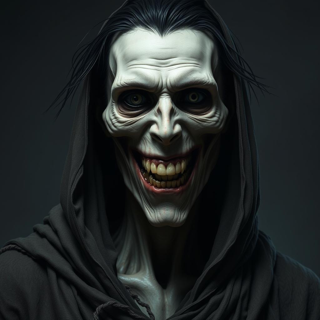 A tall, undead man with an intact body, featuring jet black hair and pale skin
