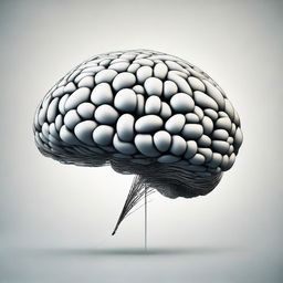 An abstract representation of 'Less and More Mind'. Depict a balloon-like brain increasing its size from small to dense and intricate, symbolizing the growth and expansion of intellect.