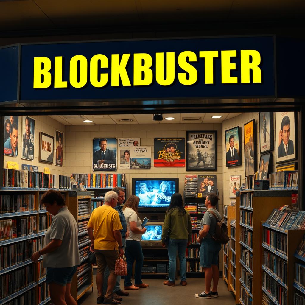 A retro-inspired visual representation of a Blockbuster Video store from 2010, featuring the iconic blue and yellow color scheme