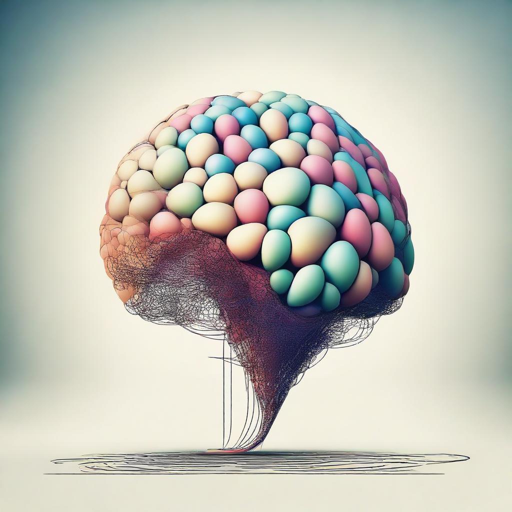 An abstract representation of 'Less and More Mind'. Depict a balloon-like brain increasing its size from small to dense and intricate, symbolizing the growth and expansion of intellect.