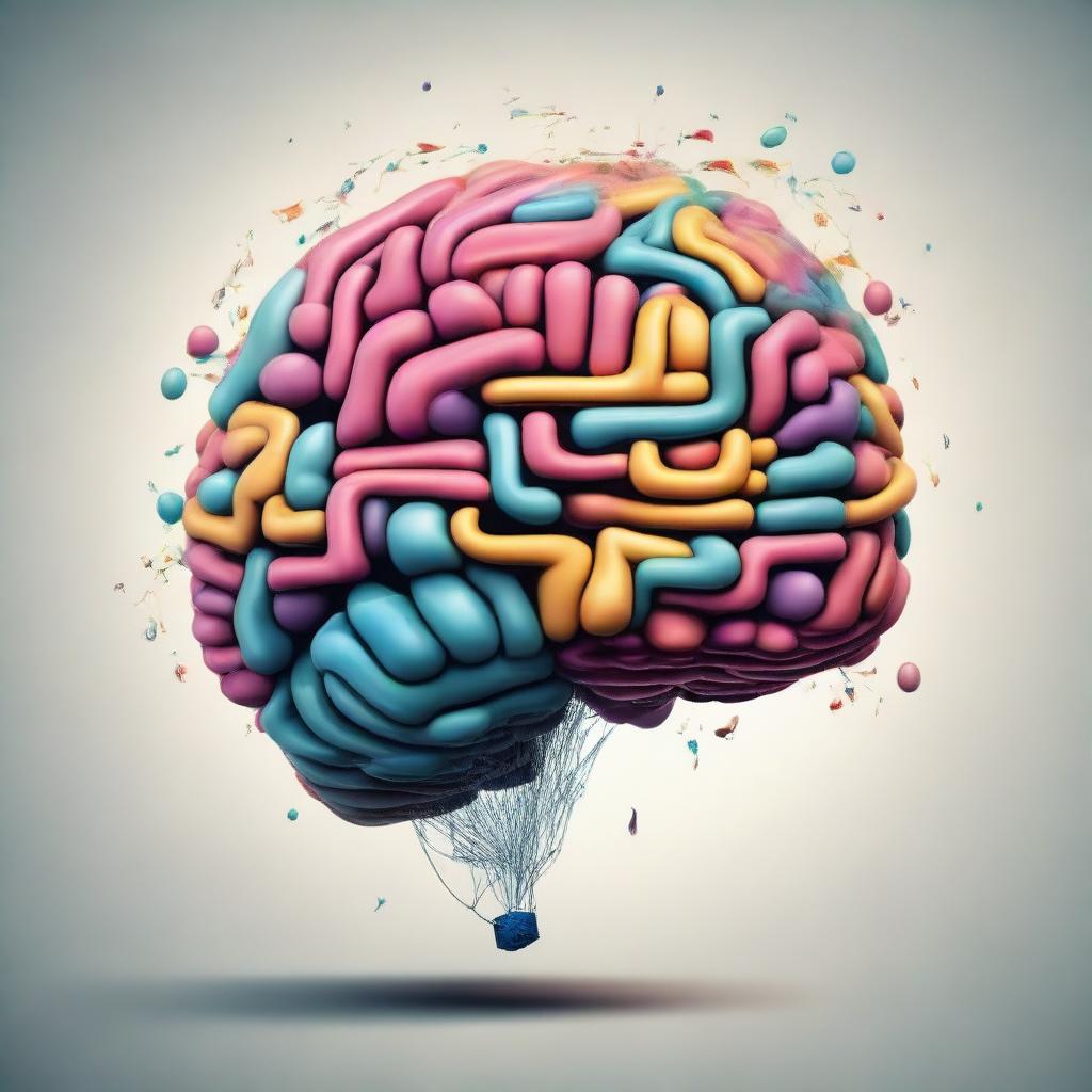 An abstract representation of 'Less and More Mind'. Depict a balloon-like brain increasing its size from small to dense and intricate, symbolizing the growth and expansion of intellect.