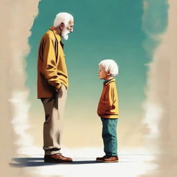 A vivid portrayal of the proverb 'Age is not maturity'. Render a wise young child standing beside an aged man acting childish, illustrating the idea that wisdom doesn't necessarily come with age.